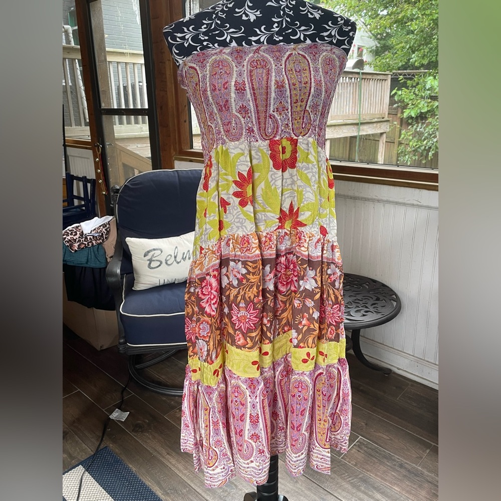 100% Silk Hale Bob Pink and Yellow Strapless Tiered Sundress